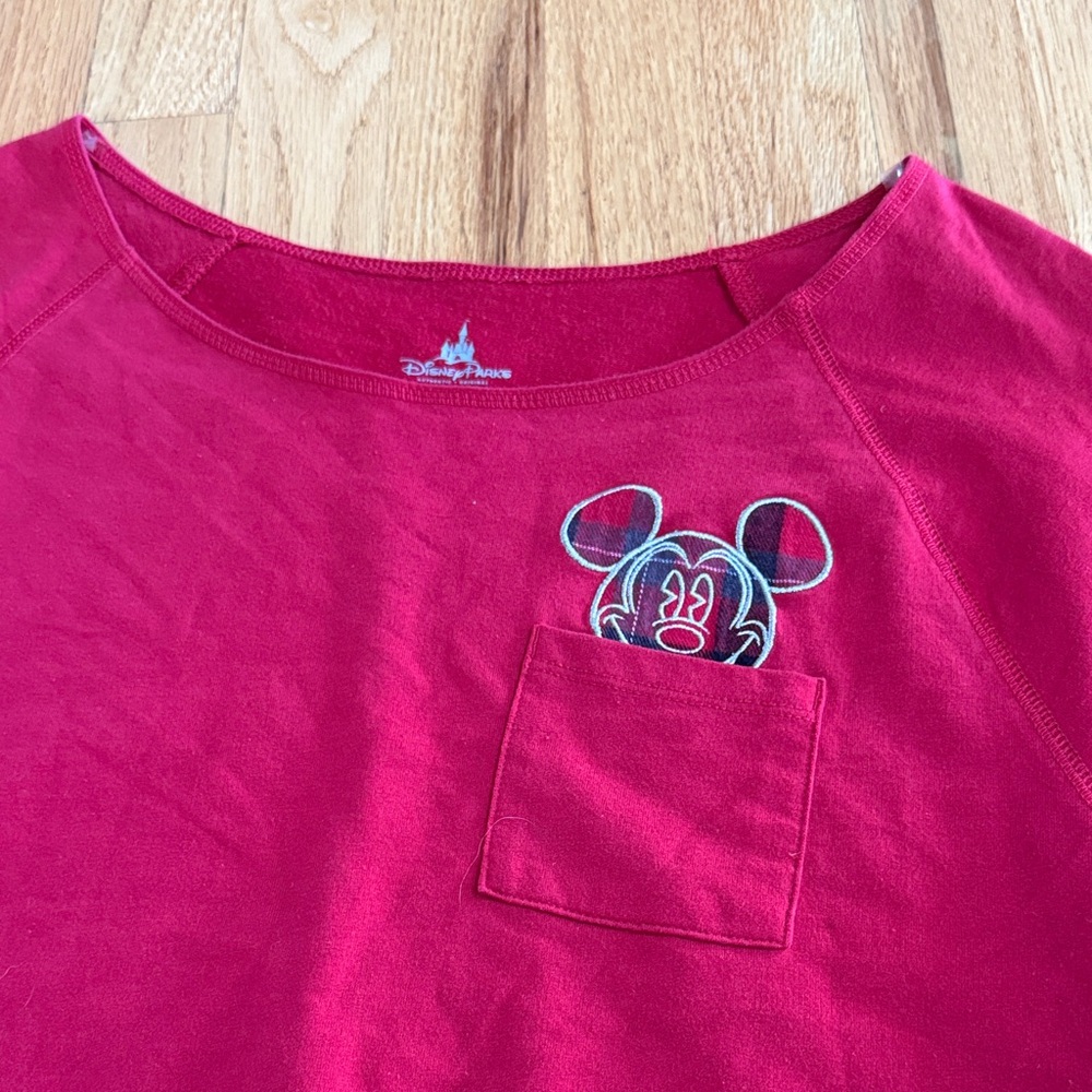 DISNEY PARKS Red Plaid Mickey Mouse Wide Neck Long Sleeve Tee, Size Large